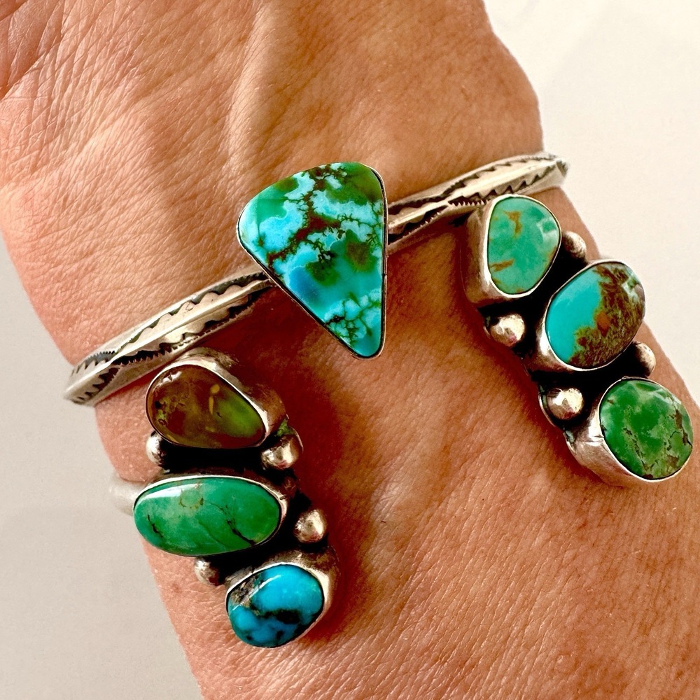 Mixed Turquoise Navajo Reverse Cuff Bracelet 6.5in Signed James 14g Sterling USA - Picture 9 of 9